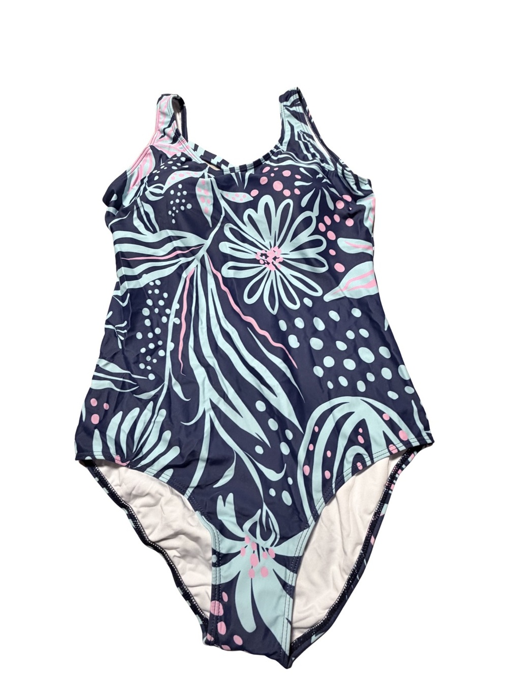 Crisscross Back One-Piece Swimsuit in Navy with Mint & Pink Print Large NWT